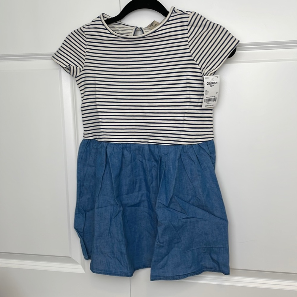 New Adorable OshKosh Girls Short Sleeve Blue/White Striped Top Dress Size 7